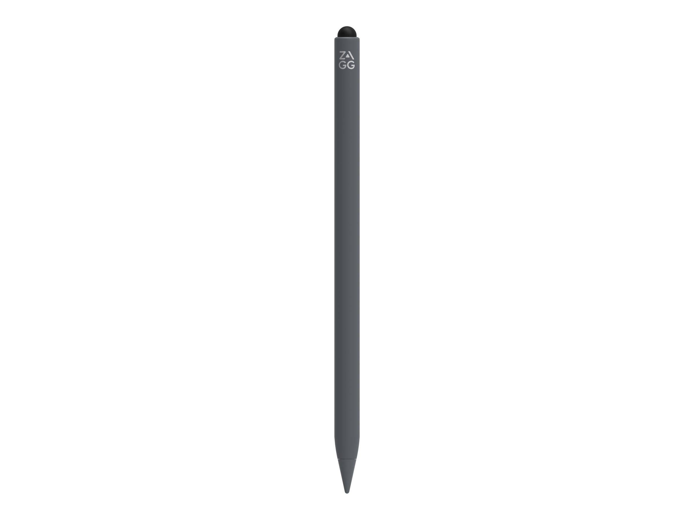 Ein dunkelgrauer Stylus-Stift, vertikal ausgerichtet vor einem weißen Hintergrund, mit einem kleinen 'ZAGG' Logo nahe dem oberen Ende.