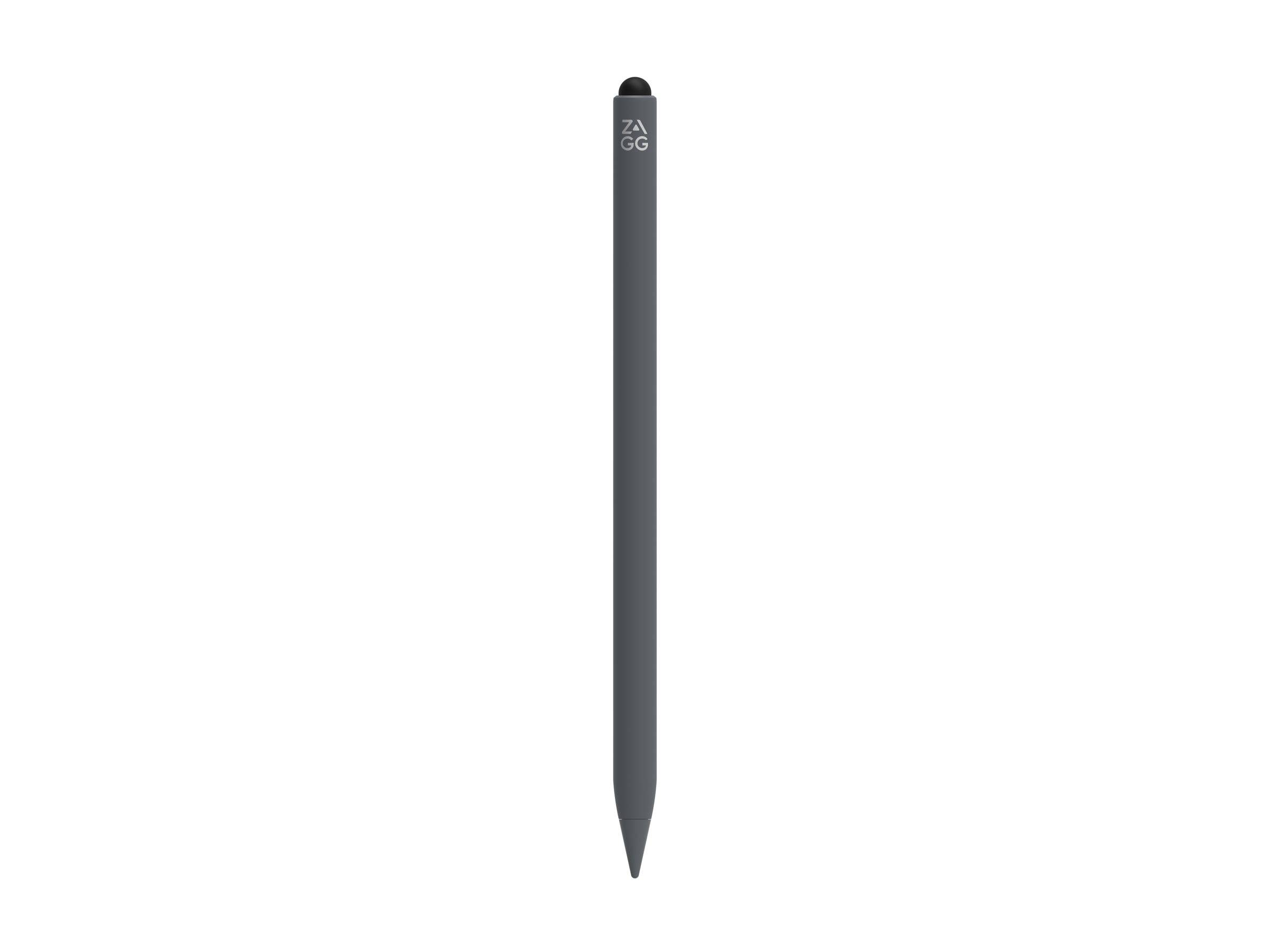 Ein grauer Stylus-Stift mit dem Markennamen 'ZAGG' nahe der Spitze, entwickelt für digitale Geräte.