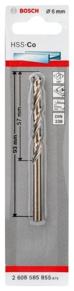 Eine Nahaufnahme eines Metallbohrers in Verpackung, mit einer Gesamtlänge von 93 mm und einer Arbeitslänge von 57 mm, entsprechend der DIN 338 Norm.