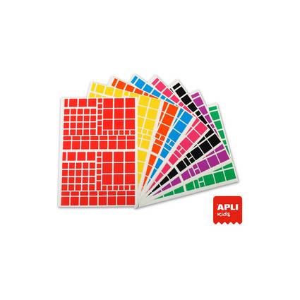 Ein Set bunter quadratischer Aufkleberbögen in verschiedenen Farben, einschließlich Rot, Gelb, Orange, Blau, Grün, Lila, Schwarz und Rosa, mit dem 'APLI kids' Logo.