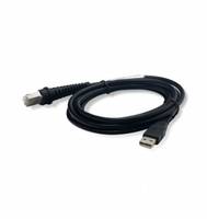 Schwarzes USB-Kabel aufgerollt auf weißem Hintergrund, mit einem USB-A-Stecker auf der einen Seite und einem kleineren Gerätestecker auf der anderen Seite.
