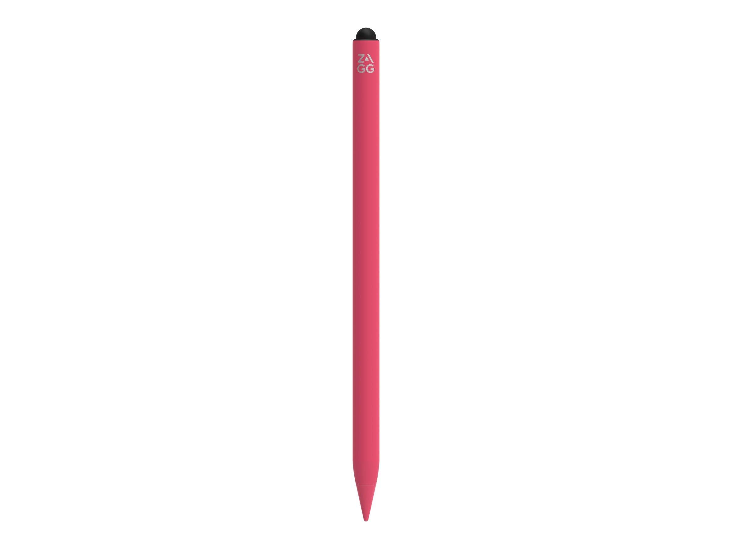 Ein Stylus-Stift mit einem rosa Gehäuse und einer schwarzen Spitze, der vertikal steht und an der Oberseite mit 'Zagg' beschriftet ist.