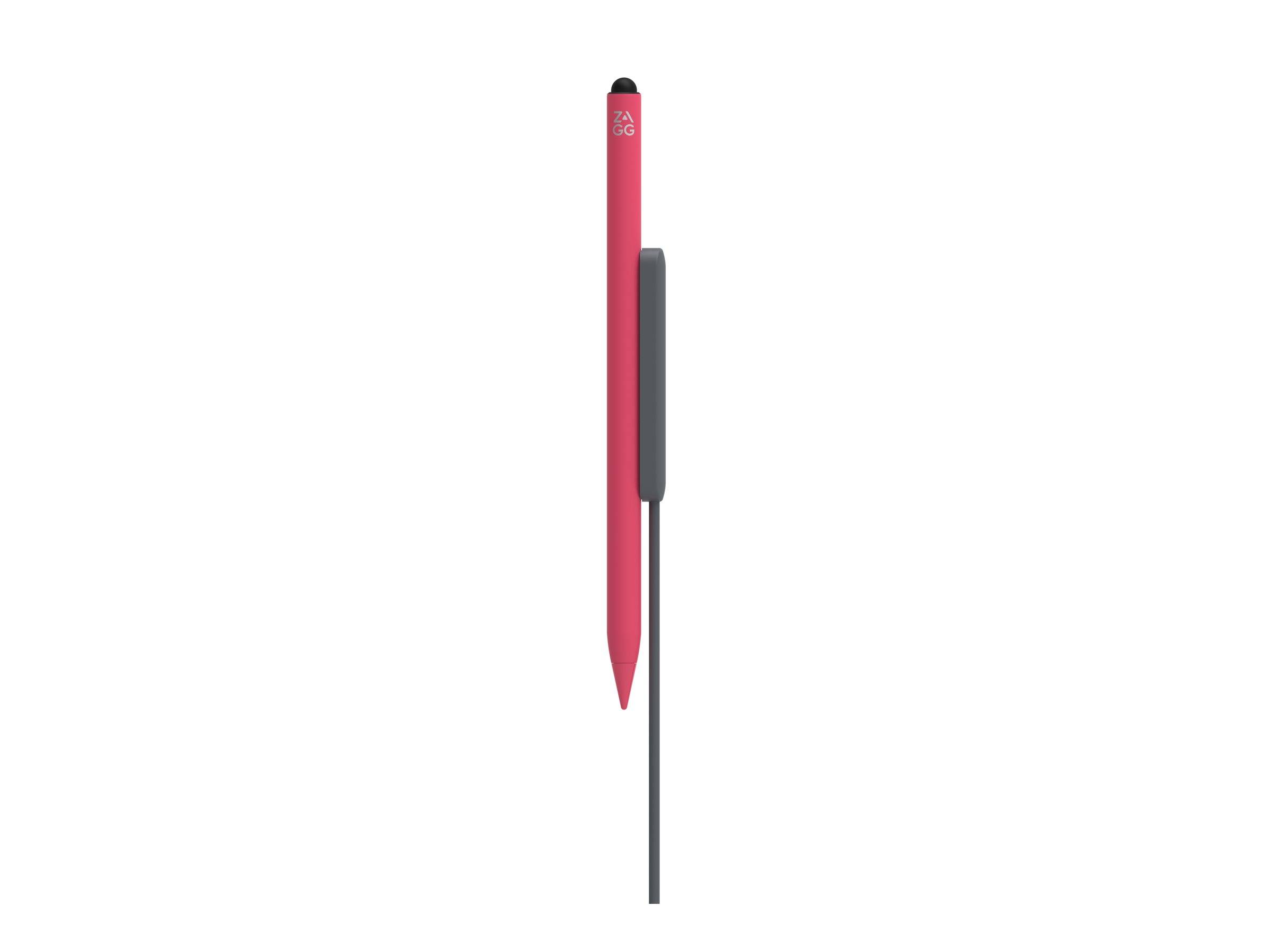 Ein roter Stylus-Stift, der vertikal an einer grauen Ladestation befestigt ist, von der Seite betrachtet.