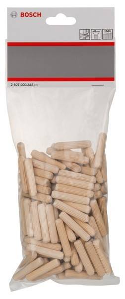Eine durchsichtige Plastiktüte gefüllt mit Holzdübeln, aufgestapelt und durch die Verpackung sichtbar.