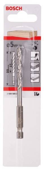 Bohrer; 99 mm Länge, 45 mm Bohrttiefe. Verpackung zeigt Kompatibilität mit Materialien: Holz, Beton und Fliesen.