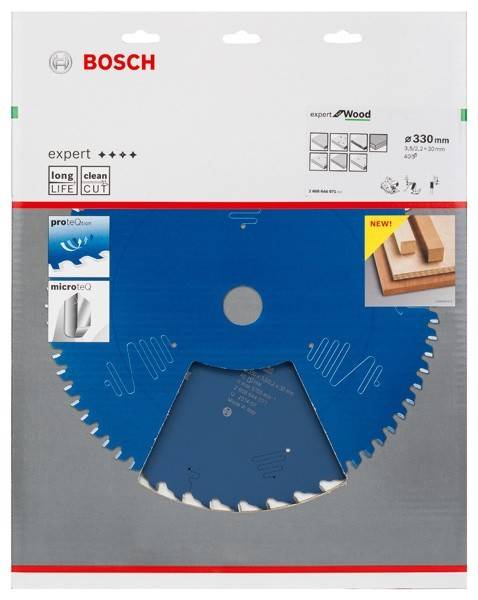Bosch Expert for Wood' Sägeblatt-Verpackung. Eigenschaften umfassen 'lange Lebensdauer' und 'sauberer Schnitt'. Durchmesser: 330 mm. Ideal zum Holzschneiden.