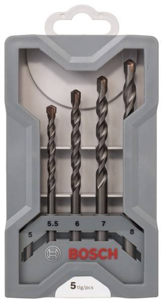 Satz Bohrerbits in verschiedenen Größen (5,5, 6, 7, 8) in einem grauen Halter.