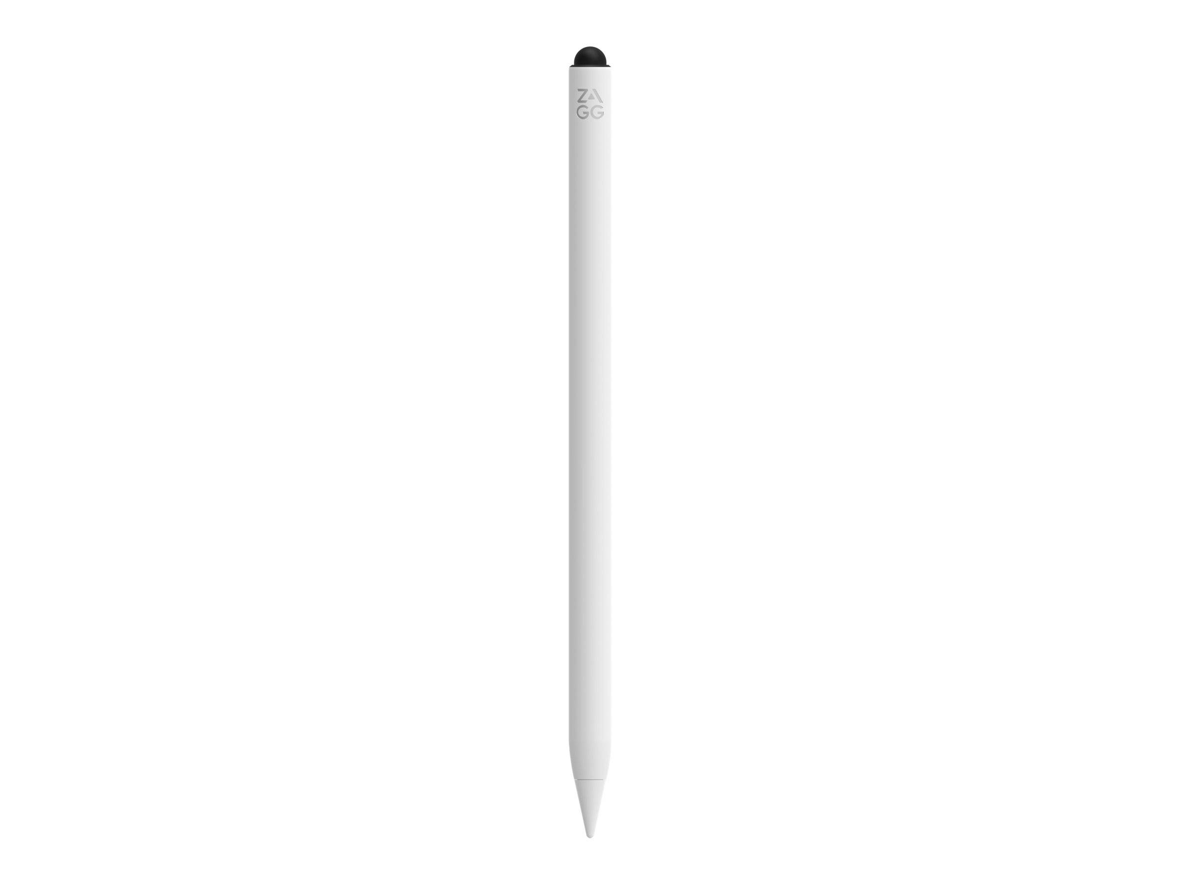 Ein weißer Stylus-Stift mit schwarzer Spitze und dem Markennamen 'ZAGG', der nahe dem oberen Ende eingraviert ist.