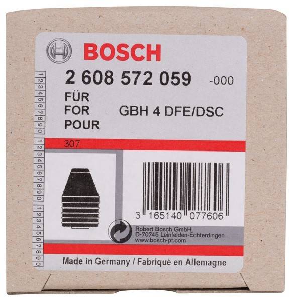 Bosch Produktverpackung für 'GBH 4 DFE/DSC', Artikelnummer '2 608 572 059'. Zeigt ein Bild eines Werkzeugteils. Hergestellt in Deutschland.