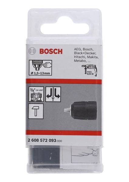 Eine Bosch-Bohrfutterschachtelvon mit Kompatibilität zu Marken wie Black+Decker und Makita, Details zum Größenbereich von 1,5-13 mm und max. 620 W.