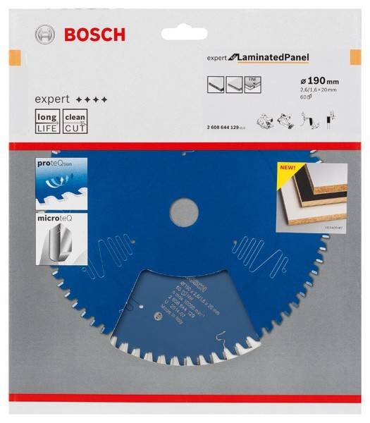 Eine kreisförmige Bosch-Sägeblatt, entwickelt zum Schneiden von laminierten Platten, mit Symbolen für lange Lebensdauer und sauberen Schnitt. Größe: 190 mm.