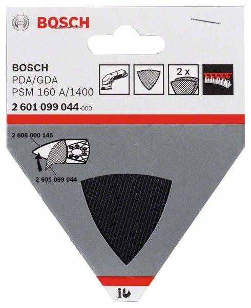 Bosch Schleifplattenpad für Modelle PDA/GDA, PSM 160 A/1400. Enthält ein Bild des Pads und Symbole, die die Menge (2 Stück) und Verwendung zeigen.