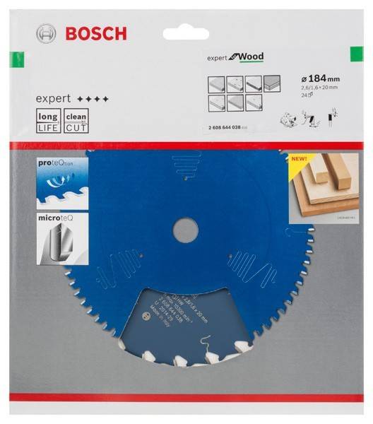Bosch Experten-Holzschnitt-Sägeblatt-Verpackung mit blauer Sägeblatt für präzise Schnitte, 'Experte' Vier-Sterne-Bewertung und Spezifikationen: 184 mm, 24 Zähne.