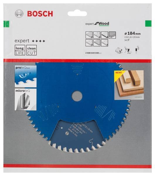 Eine Bosch Kreissägeblatt mit der Beschriftung ‚Experte für Holz', entwickelt, um saubere und präzise Schnitte mit langer Lebensdauer zu ermöglichen, Durchmesser 184 mm.