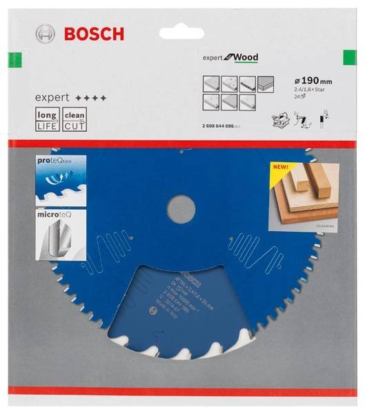 Bosch Expert Holzsägeblatt-Paket mit einer 190mm, 24-Zahn-Kreissägeblatt für präzises Holzschneiden. Enthält Bilder kompatibler Werkzeuge.