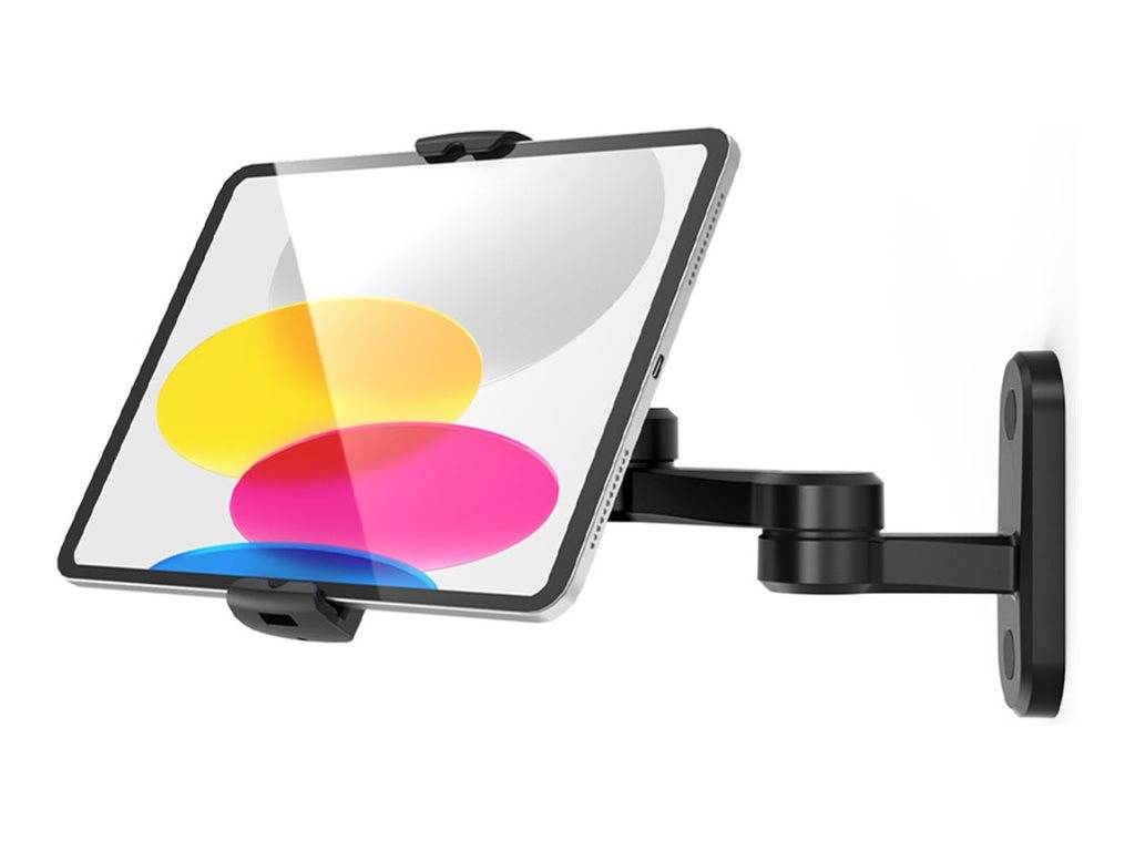 Tablet montiert auf einem verstellbaren schwarzen Wandarmhalter, in einer Seitenansicht dargestellt.