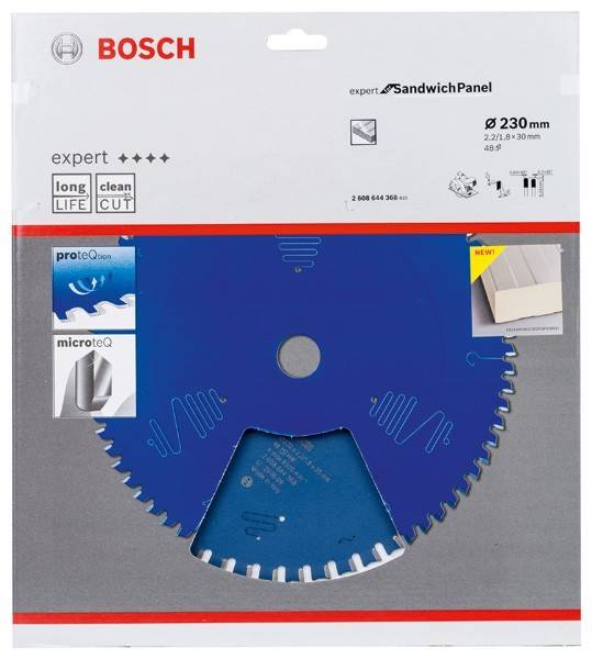 Bosch Experten-Sandwichpanel Sägeblatt, Ø 230 mm, 2,2/1,8 mm, 30 mm Aufnahme, für lange Lebensdauer und sauberen Schnitt. Inklusive Blattbild und technischen Spezifikationen.