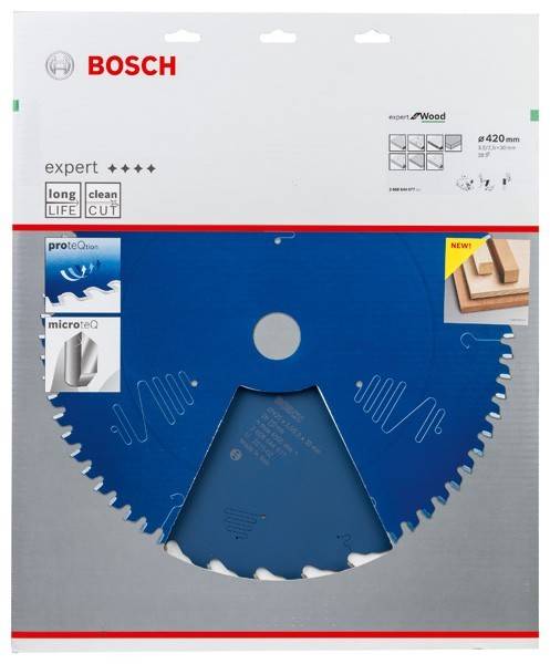 Bosch Expert Sägeblatt-Verpackung. Merkmale umfassen 'Expert für Holz', 'lange LEBENSDAUER', 'sauberer SCHNITT' und '420 mm Durchmesser'. Bewirbt Langlebigkeit und Präzision.
