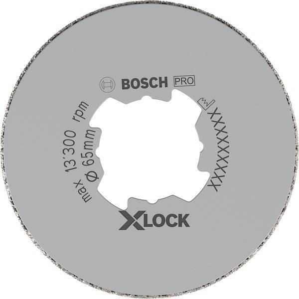 Eine runde Bosch Pro X-Lock Trennscheibe mit einem Durchmesser von 65 mm und einer maximalen Drehzahl von 13.300 U/min, ausgestattet mit gezahnten Kanten für effizientes Schneiden.