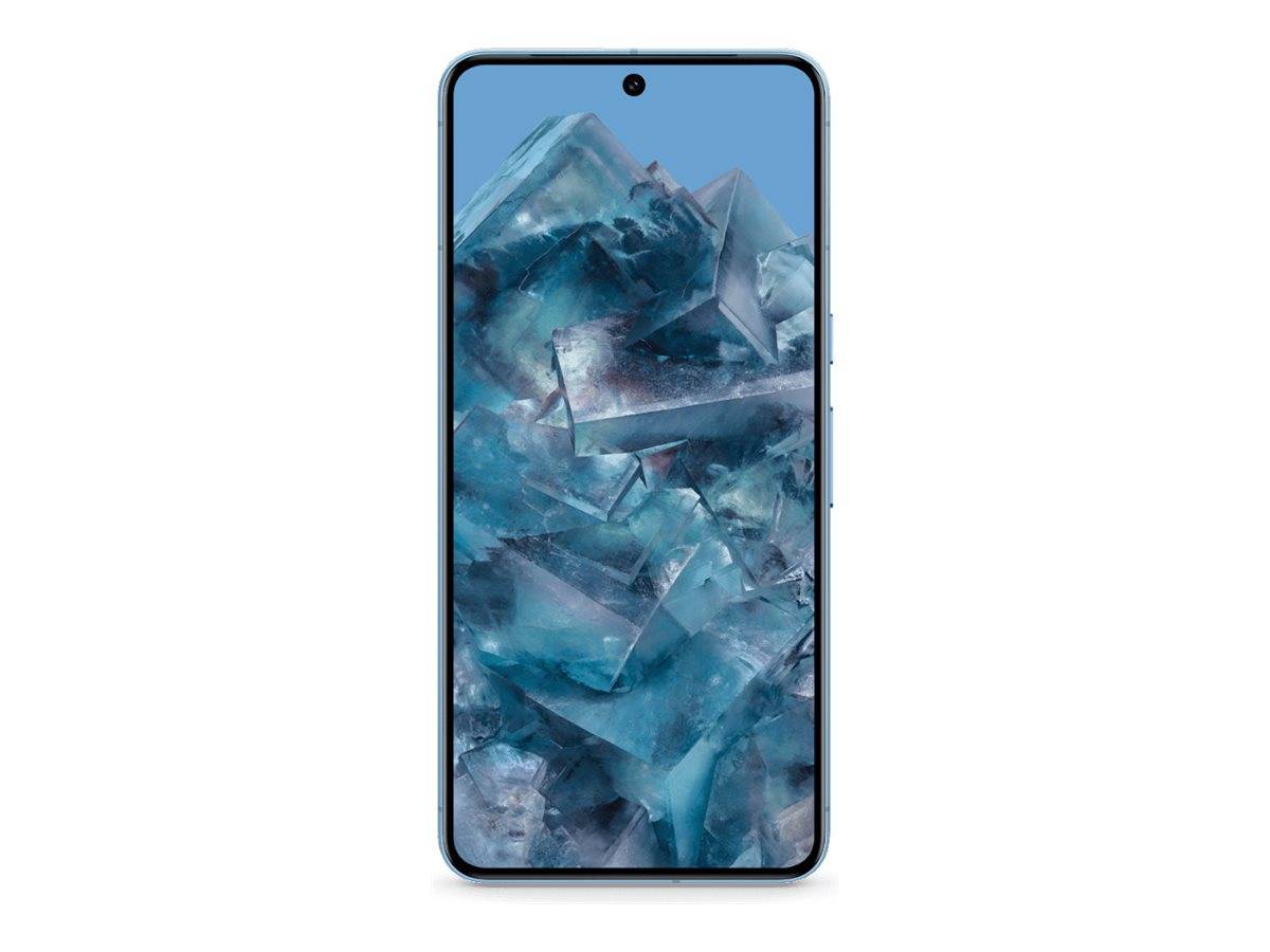 Vorderansicht eines Smartphones mit einer zentrierten Loch-Kamera und blauem kristallähnlichem Hintergrundbild auf dem Bildschirm.