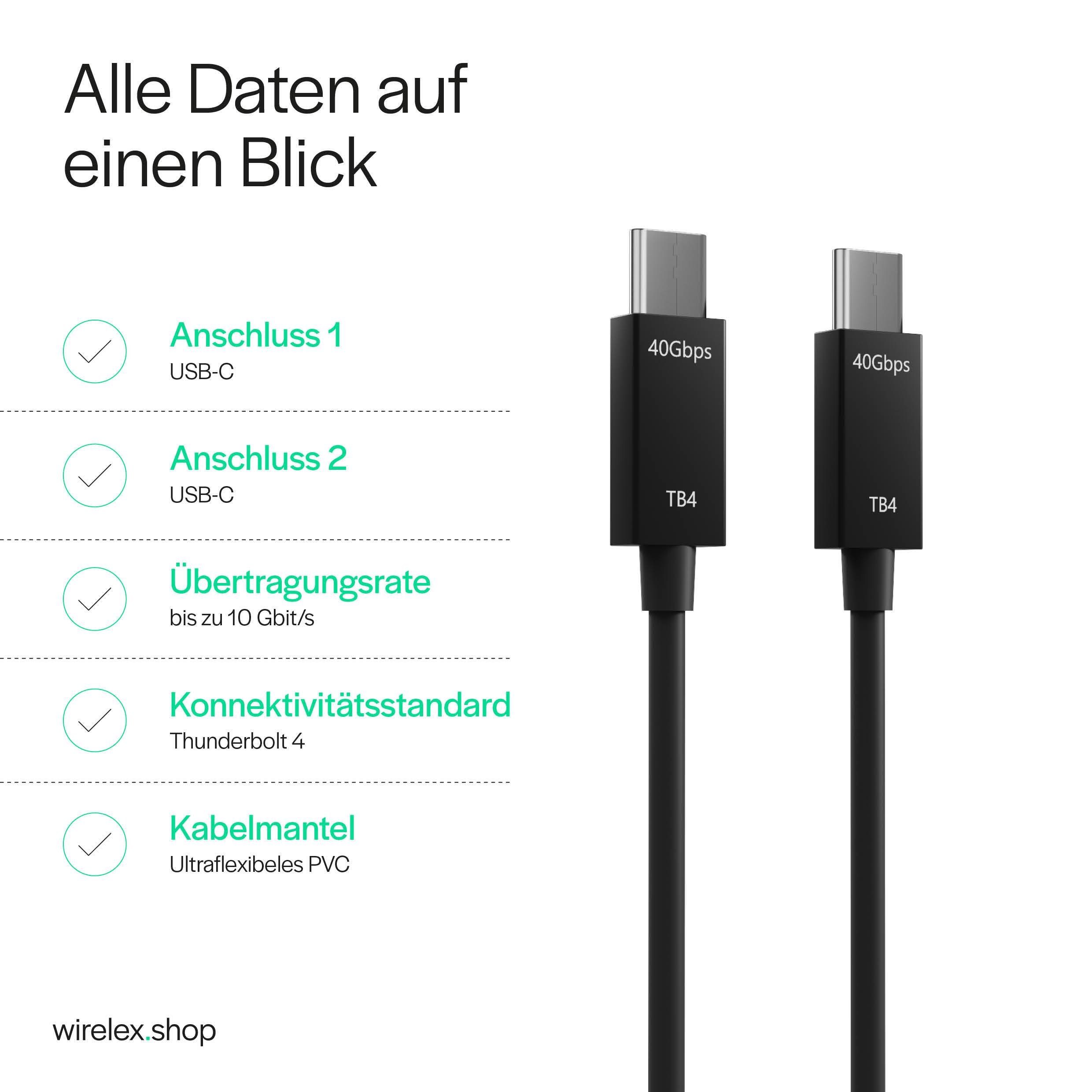 USB-C® Verbindungskabel, Typ-C Stecker auf Typ-C Stecker, TB4, UltraFlex, 1,5m