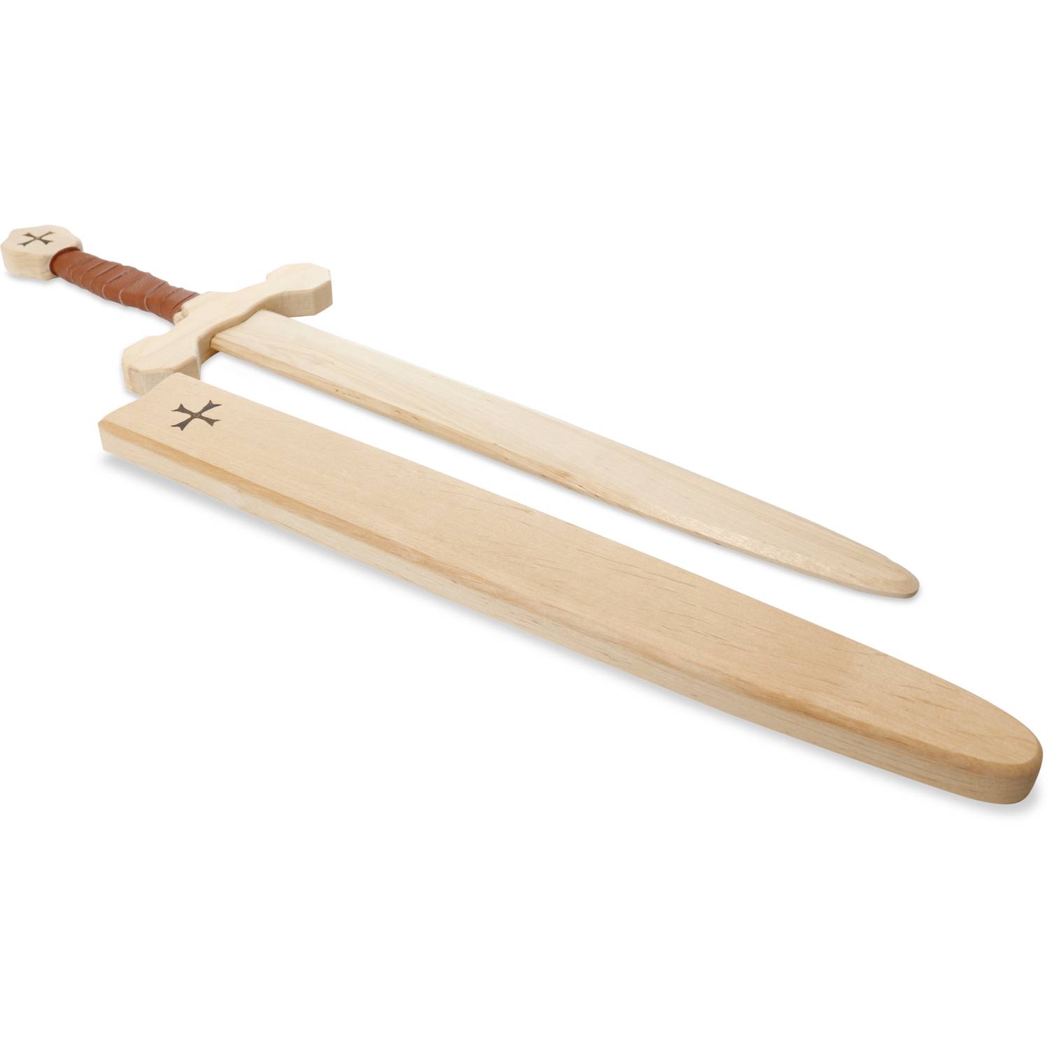 BestSaller 10129 Tempelorden Schwert Set mit Holzhülle für Kinder, Birke 60cm, braune Wickel., natur, 2-teilig (1 Set)