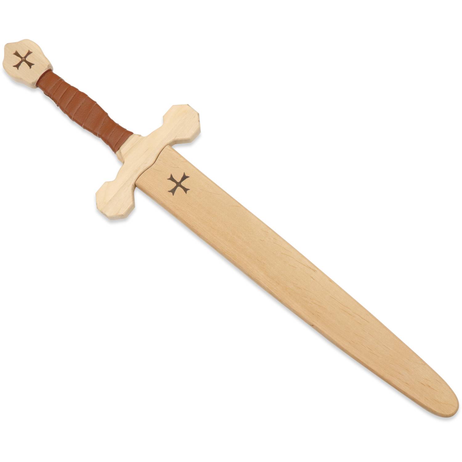 BestSaller 10129 Tempelorden Schwert Set mit Holzhülle für Kinder, Birke 60cm, braune Wickel., natur, 2-teilig (1 Set)