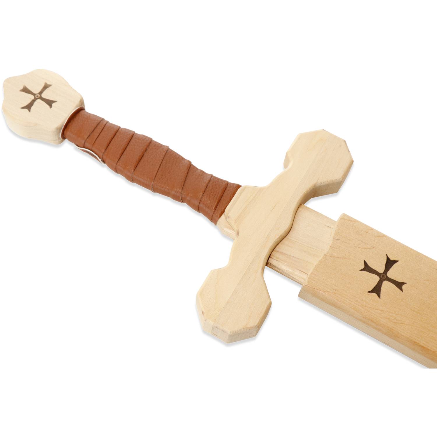 BestSaller 10129 Tempelorden Schwert Set mit Holzhülle für Kinder, Birke 60cm, braune Wickel., natur, 2-teilig (1 Set)