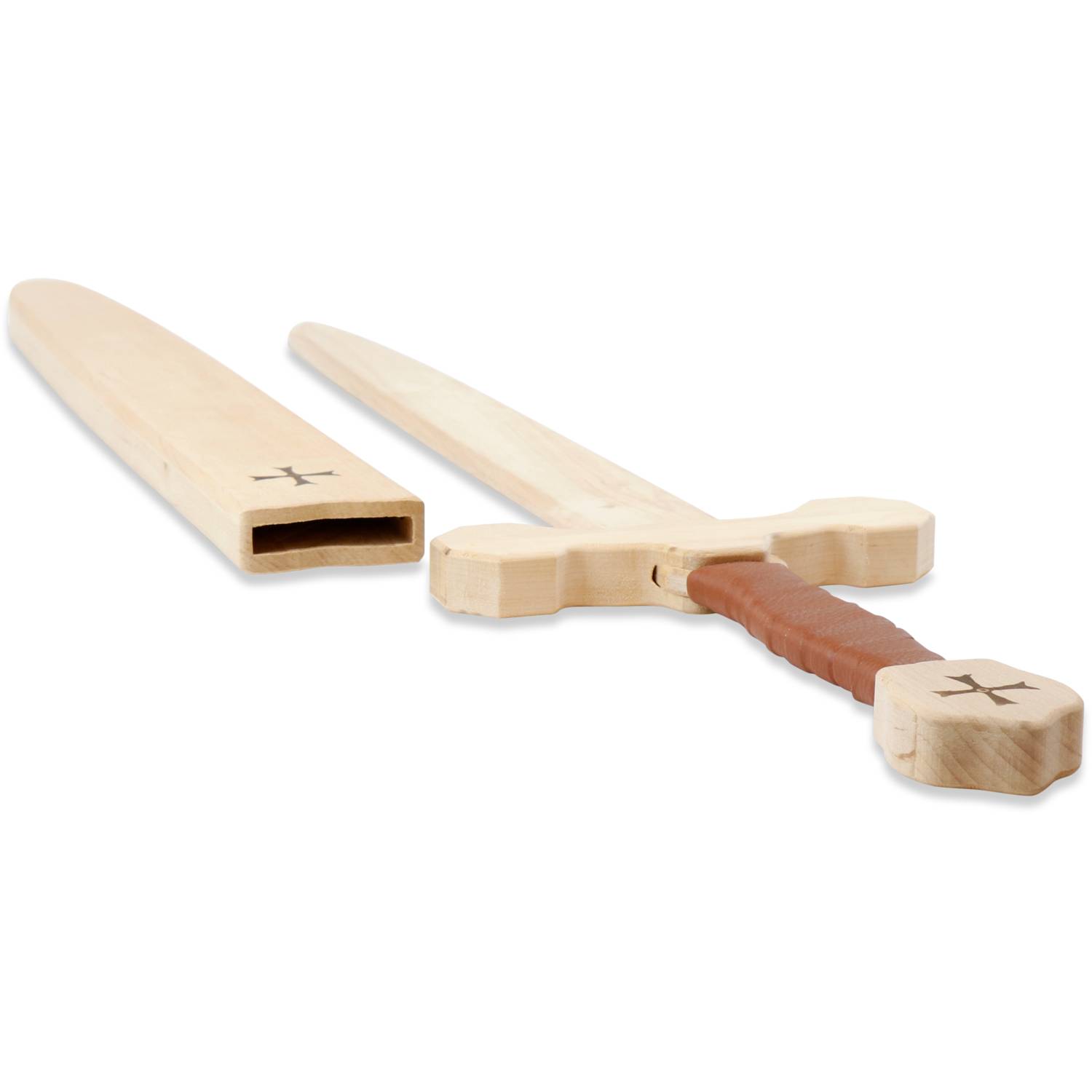 BestSaller 10129 Tempelorden Schwert Set mit Holzhülle für Kinder, Birke 60cm, braune Wickel., natur, 2-teilig (1 Set)