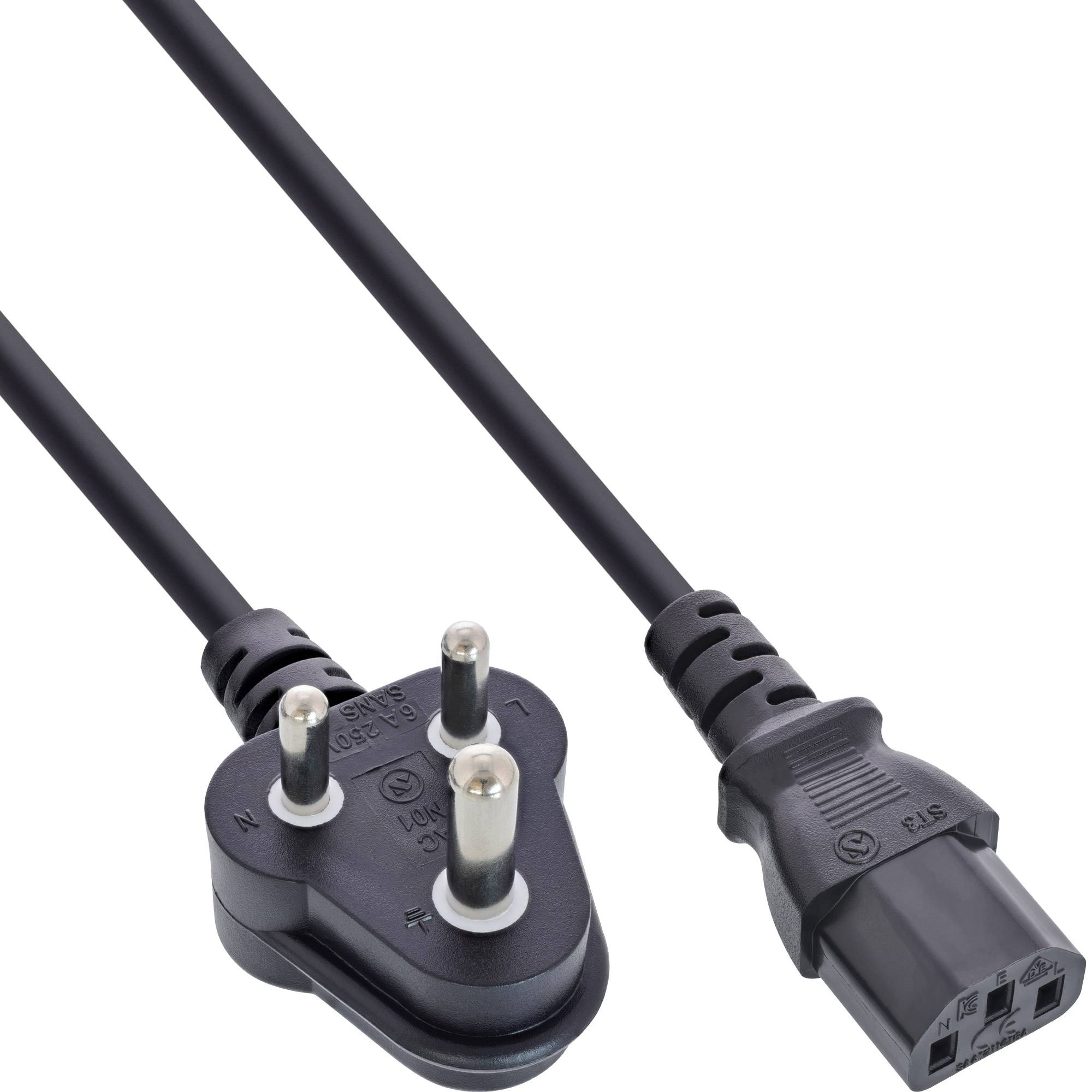 Schwarzes Stromkabel mit einem dreipoligen indischen Stecker an einem Ende und einer Buchse am anderen Ende, gezeigt auf weißem Hintergrund.