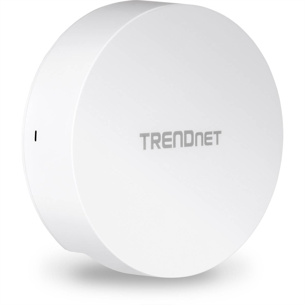 Weißer TRENDnet Wireless Access Point in einem runden, wandmontierten Gehäuse auf einem einfachen Hintergrund.