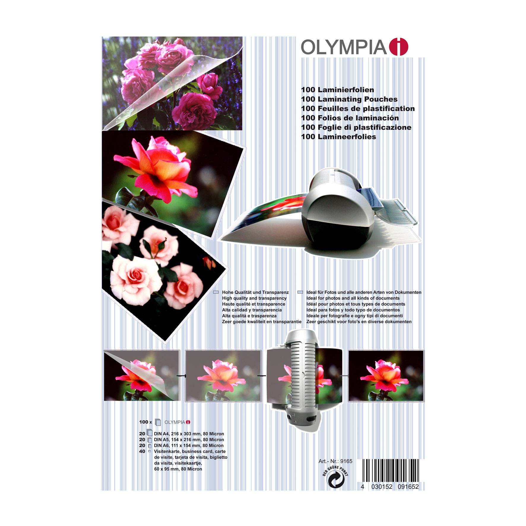 Olympia Laminierfolien-Paket mit Blumenfotos, Laminator-Bild und mehrsprachigem Text mit Angabe von 100 Blatt und Größen.
