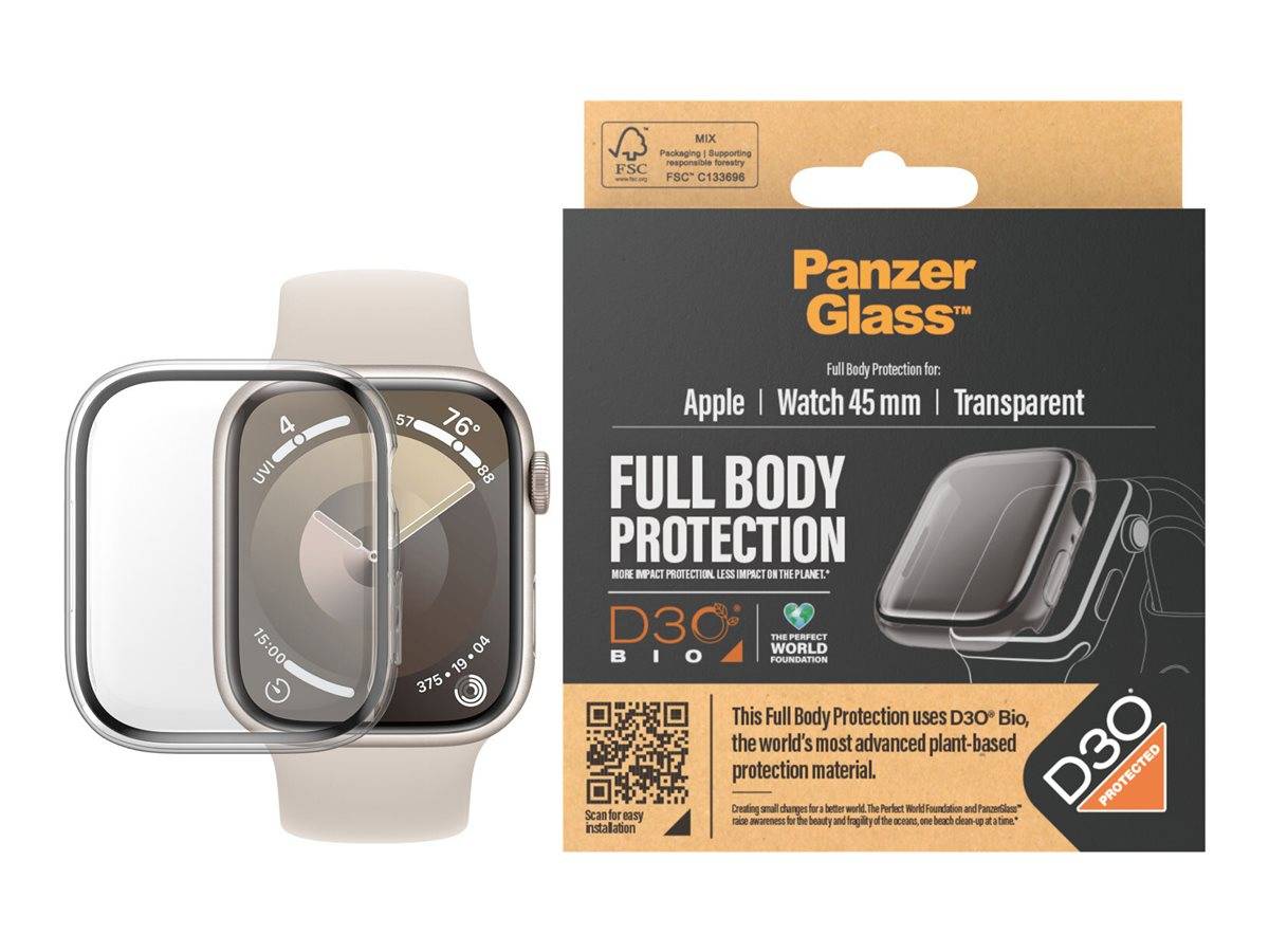 PanzerGlass - Bildschirmschutz für Smartwatch - Vollständiger Schutz, mit D3O, 45mm, transparent - Glas - Rahmenfarbe sc