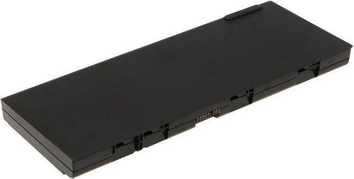 Ein schwarzer Laptop-Akku auf weißem Hintergrund, rechteckige Form mit Steckverbindern an der Seite, wird zur Stromversorgung eines bestimmten Laptop-Modells verwendet.