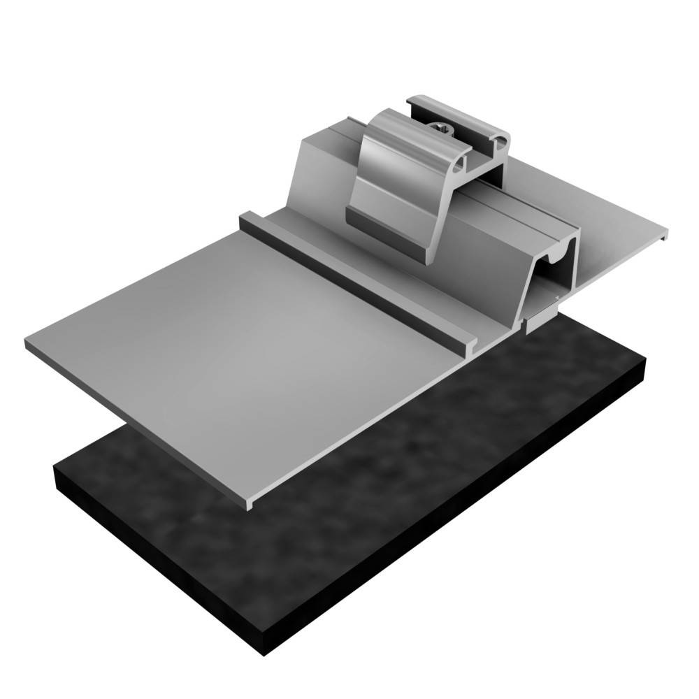 Explodierte 3D-Ansicht einer Metalldachpaneeleinheit mit Verriegelungsclips und Befestigungsschichten auf einem Basissubstrat.
