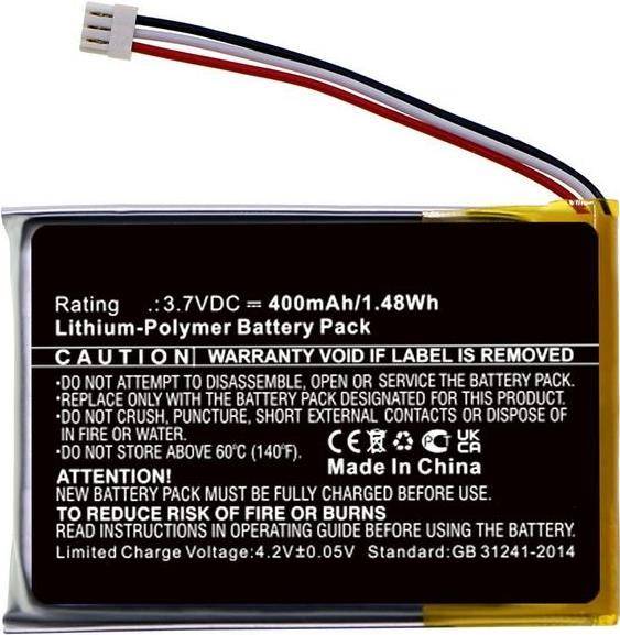 Ein Lithium-Polymer-Akkupack mit einem Etikett, das zeigt: „Nennwerte: 3,7VDC = 400mAh/1,48Wh