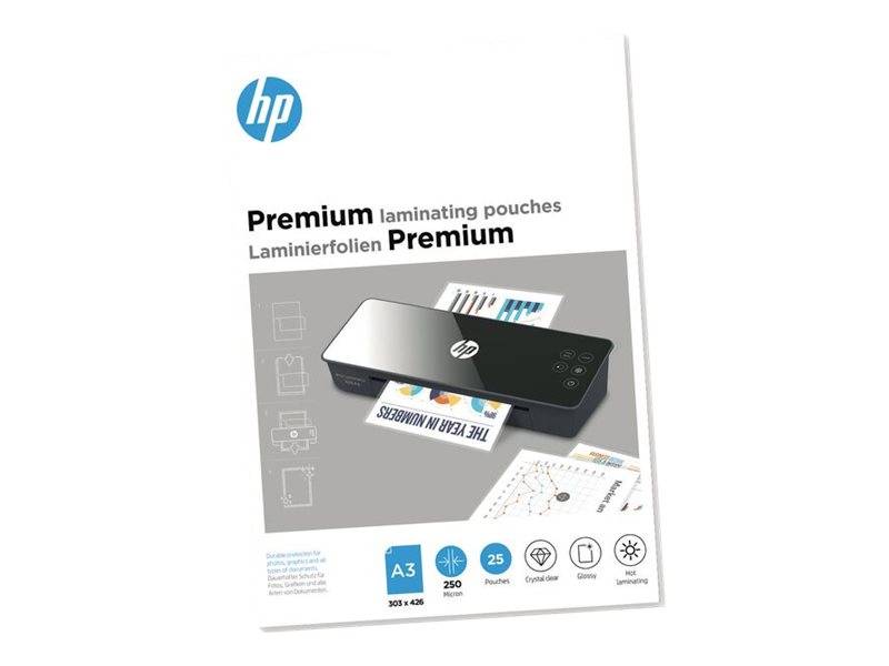 HP Premium-Laminierfolien-Verpackung mit einem Laminiergerät und Papierblättern, gekennzeichnet mit A3, 75 Mikron, 25 Folien, kristallklar, glänzend, heiß laminiert.