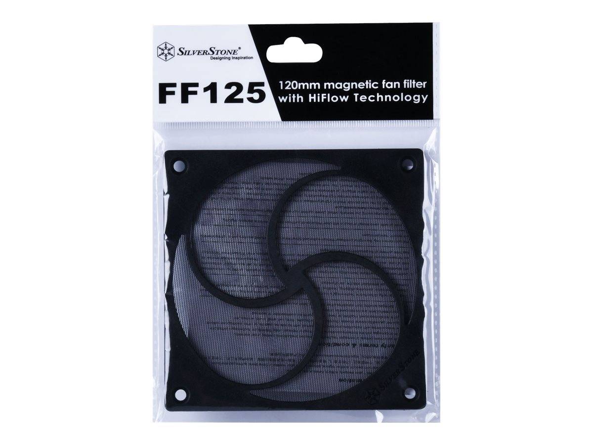 SilverStone FF125 120-mm-Magnetventilator-Filter in Kunststoffverpackung, schwarzer quadratischer Filter mit kreisförmigem Luftstrom-Muster.