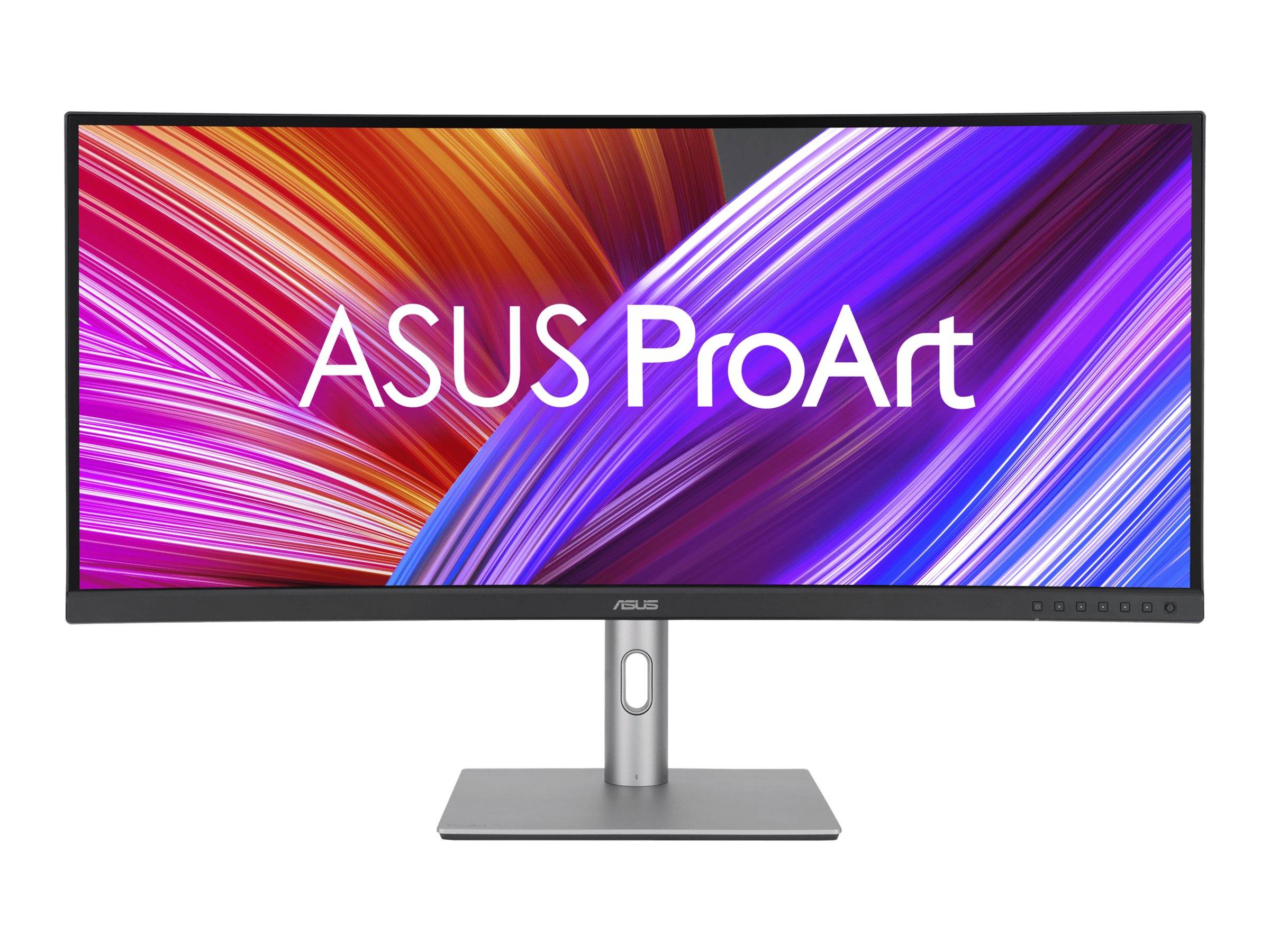 ASUS ProArt-Computermonitor auf einem Ständer, der das ASUS ProArt-Logo auf einem farbenfrohen abstrakten Bildschirm anzeigt.