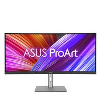 ASUS ProArt Desktop-Monitor mit farbenfroher abstrakter Anzeige und silbernem Ständer auf weißem Hintergrund.