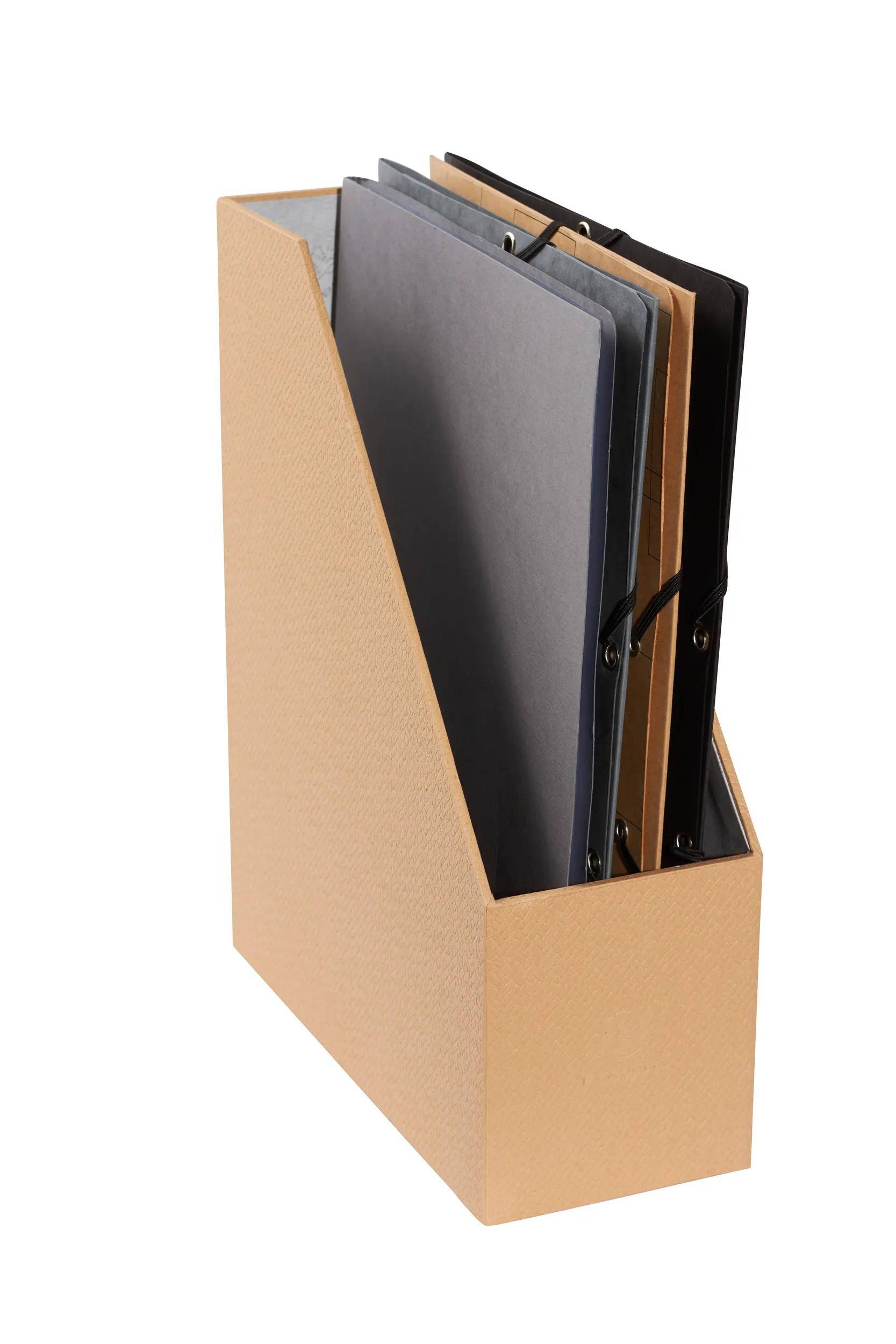 Ein beiger Dateiorganizer enthält mehrere aufrecht stehende Ordner in verschiedenen Farben, wahrscheinlich zur Organisation von Dokumenten oder Büromaterialien.