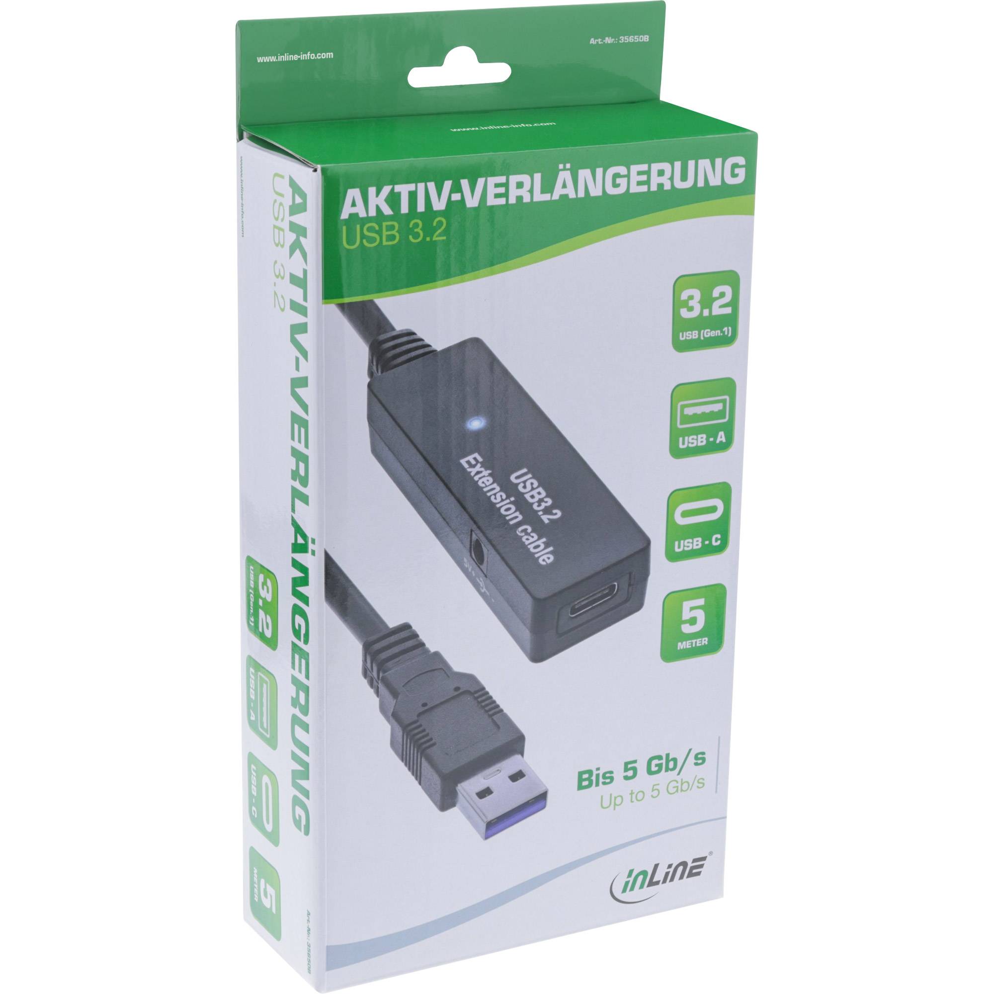 INLINE - USB 3.2 Gen.1 Aktiv-Verlängerung - USB-A Stecker an USB-C Buchse - 5m
