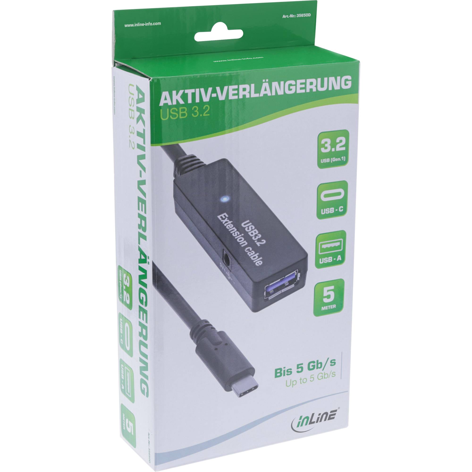 INLINE - USB 3.2 Gen.1 Aktiv-Verlängerung - USB-C Stecker an USB-A Buchse - 5m