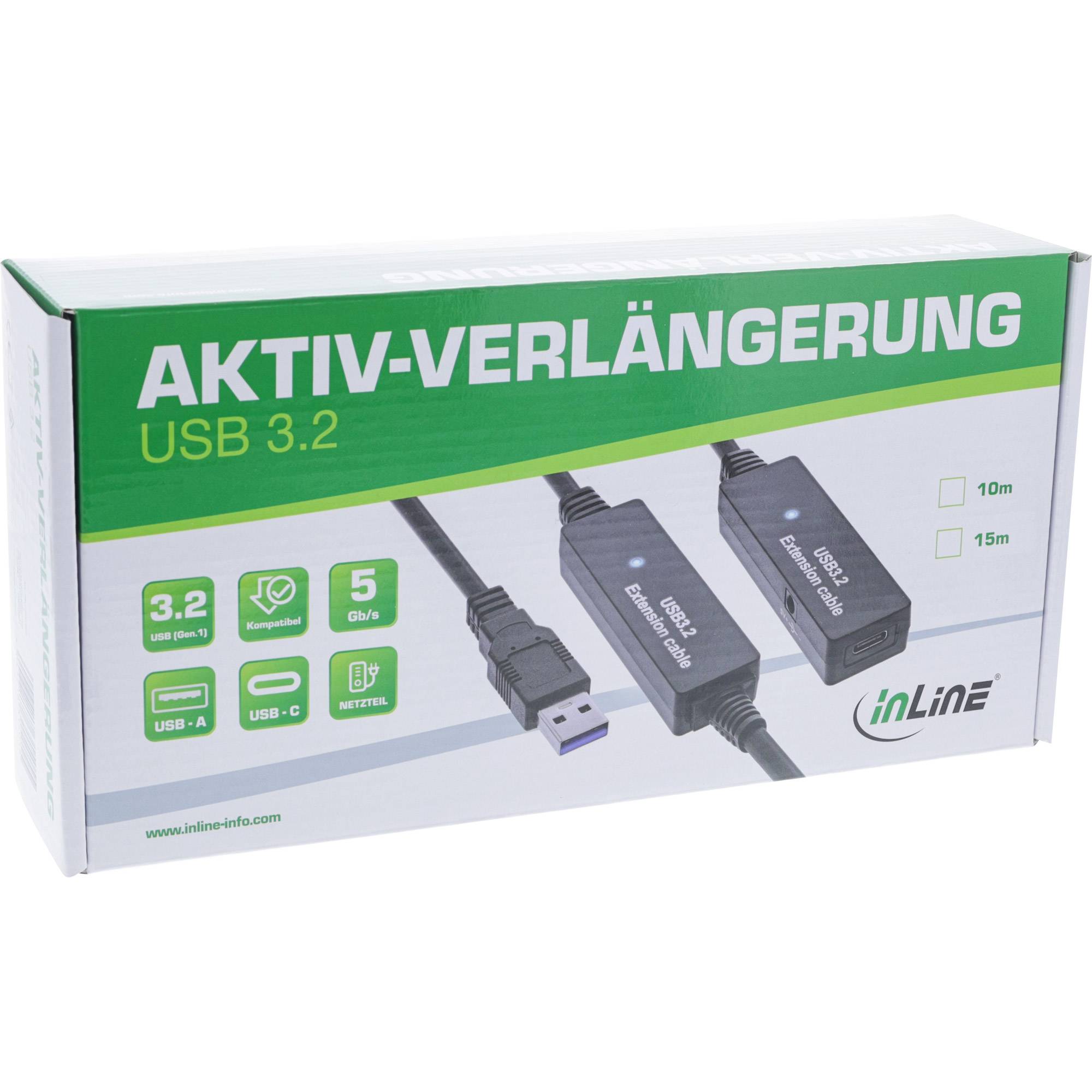 INLINE - USB 3.2 Gen.1 Aktiv-Verlängerung - USB-A Stecker an USB-C Buchse - 15m