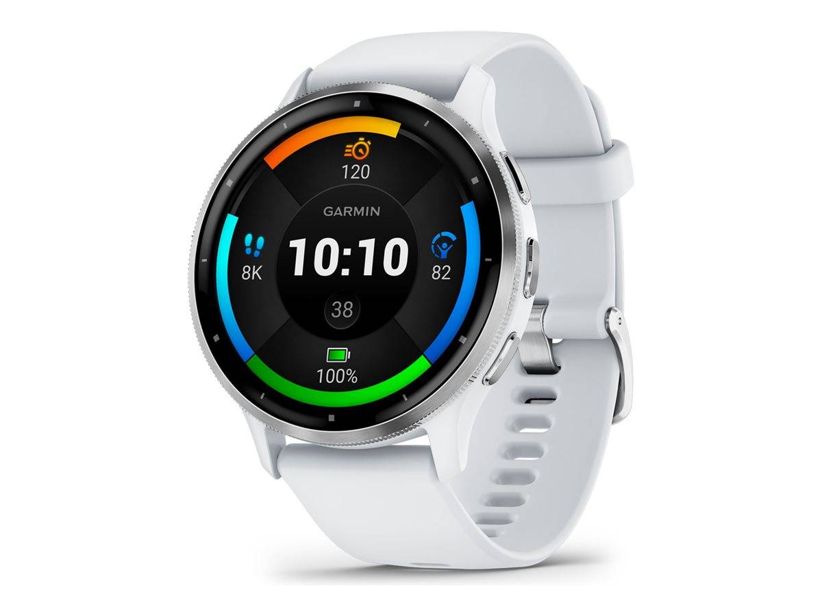 Garmin-Smartwatch mit schwarzem digitalem Display, das 10:10 Uhr, 8.000 Schritte, Herzfrequenz 120, 82 und 100% Akku auf einem weißen Armband anzeigt.