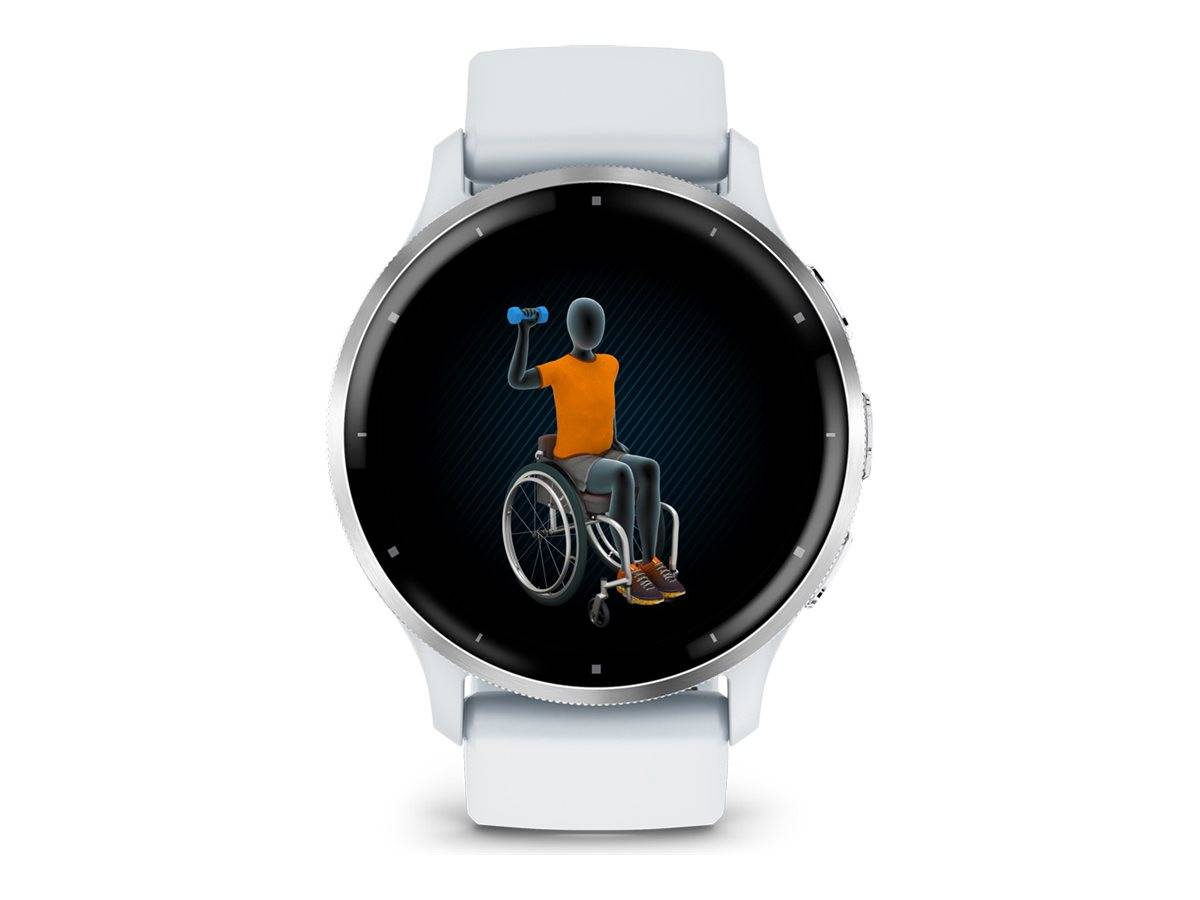 Smartwatch mit rundem Display, das eine Illustration einer Person im Rollstuhl zeigt, die eine blaue Hantel hebt, was auf Barrierefreiheits- oder Fitnessfunktionen hindeutet.