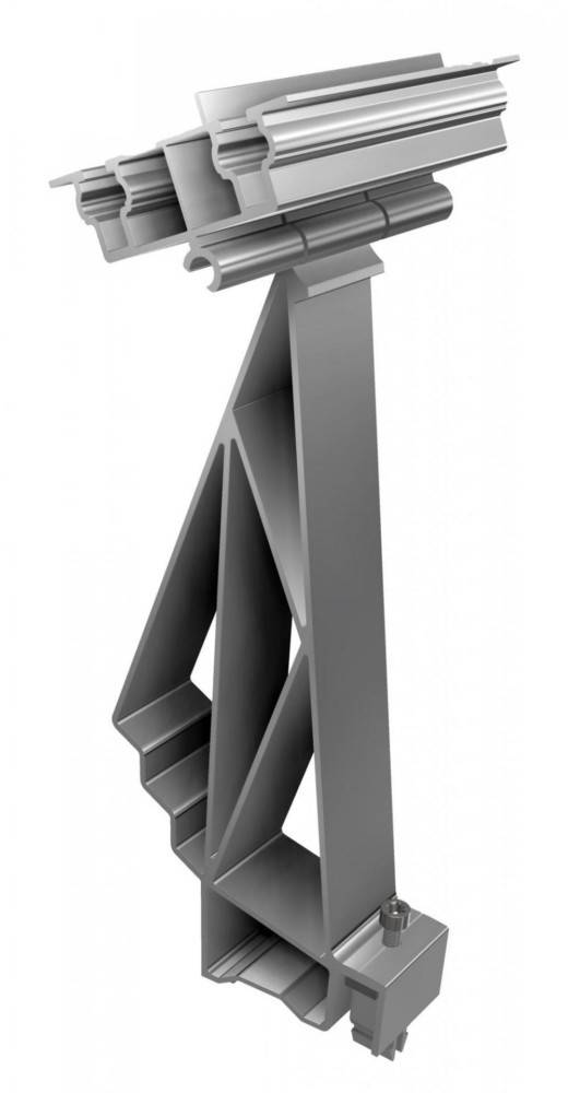 3D-gerenderter Metallstrukturhalter mit einer oberen Schienenklemme und einer unteren Montagebasis, dargestellt auf einem einfachen weißen Hintergrund.