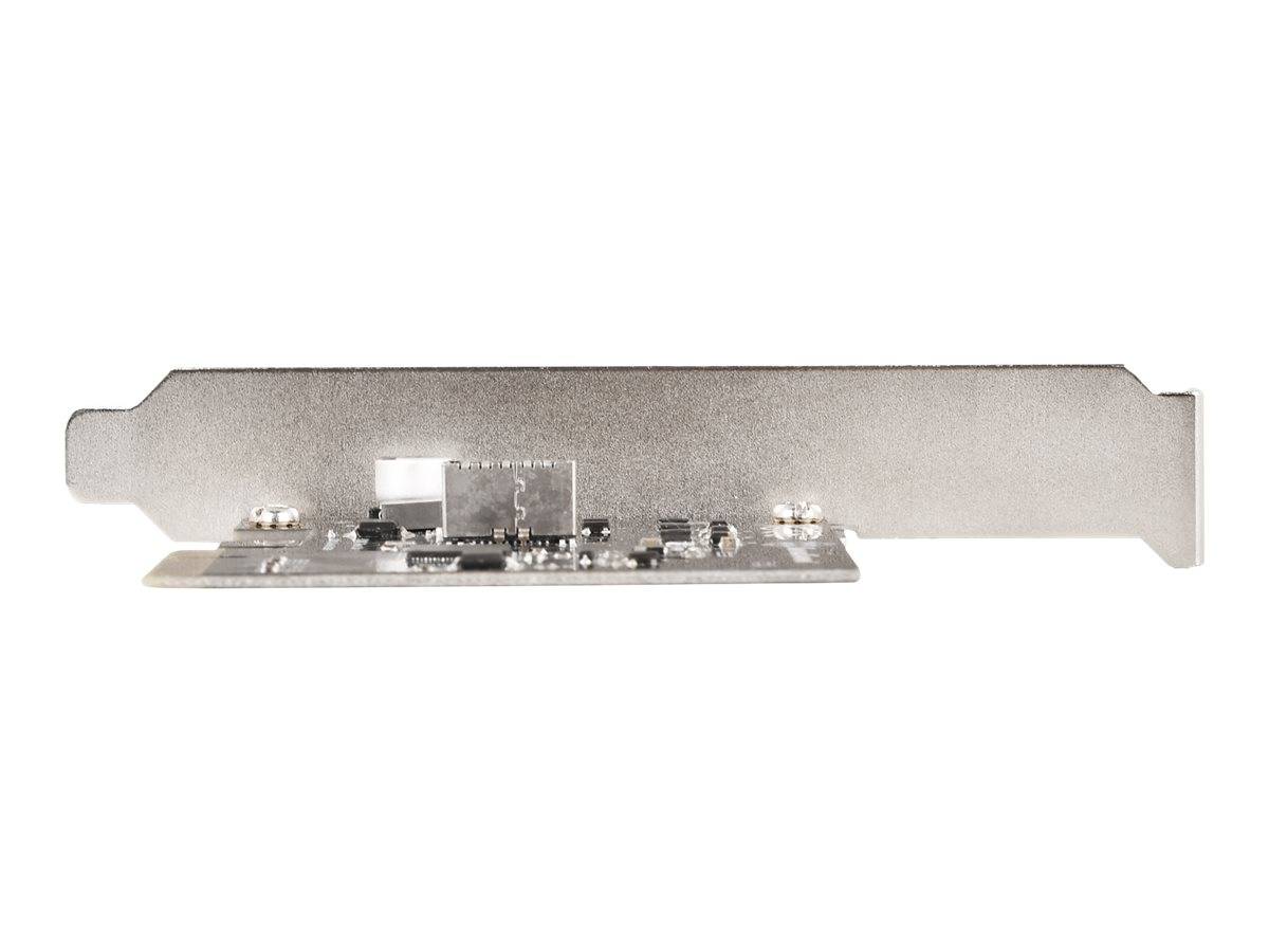 Metallhalterung einer Computer-Erweiterungskarte mit einer kleinen Leiterplatte, die entlang der unteren Kante montiert ist.