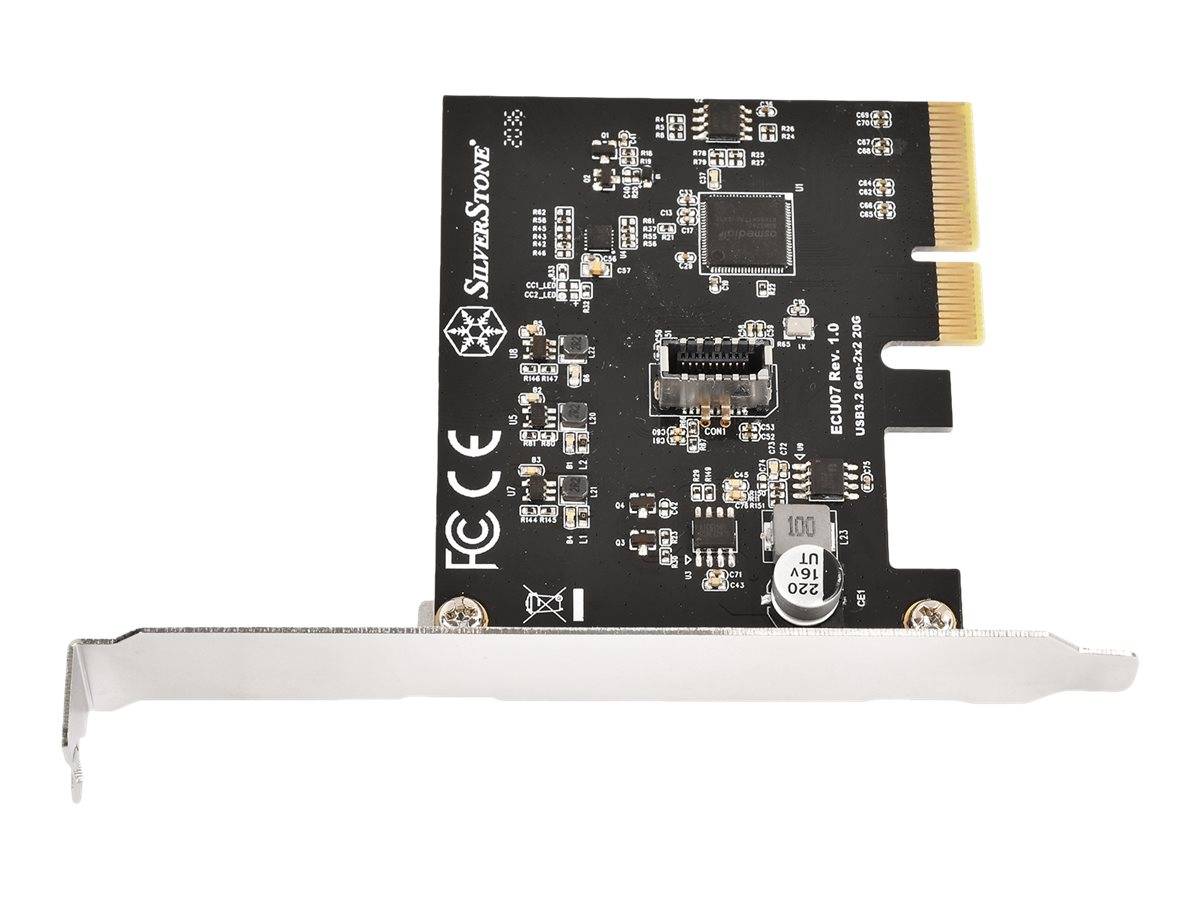 Eine mit SuperSpeed gekennzeichnete PCIe-Erweiterungskarte mit schwarzer Leiterplatte und Metallbügel, dargestellt auf weißem Hintergrund.