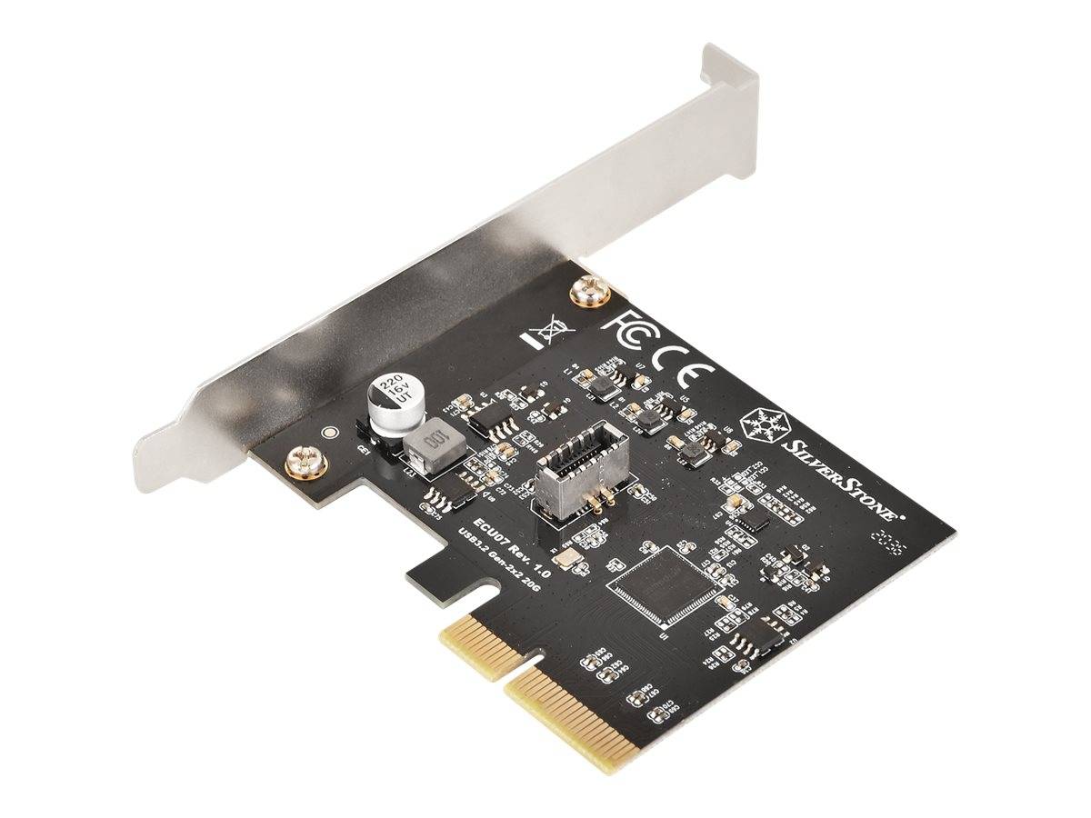 PCIe-Erweiterungskarte mit Metallhalterung, schwarzer Leiterplatte und vergoldetem Kantenverbinder auf weißem Hintergrund.